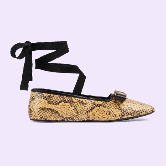GUCCI SHOES PYTHON BALLET FLATS w LOGO BOW RIBBON ANKLE TIES $1,059 sz 39.5 9.5 - Picture 4 of 16